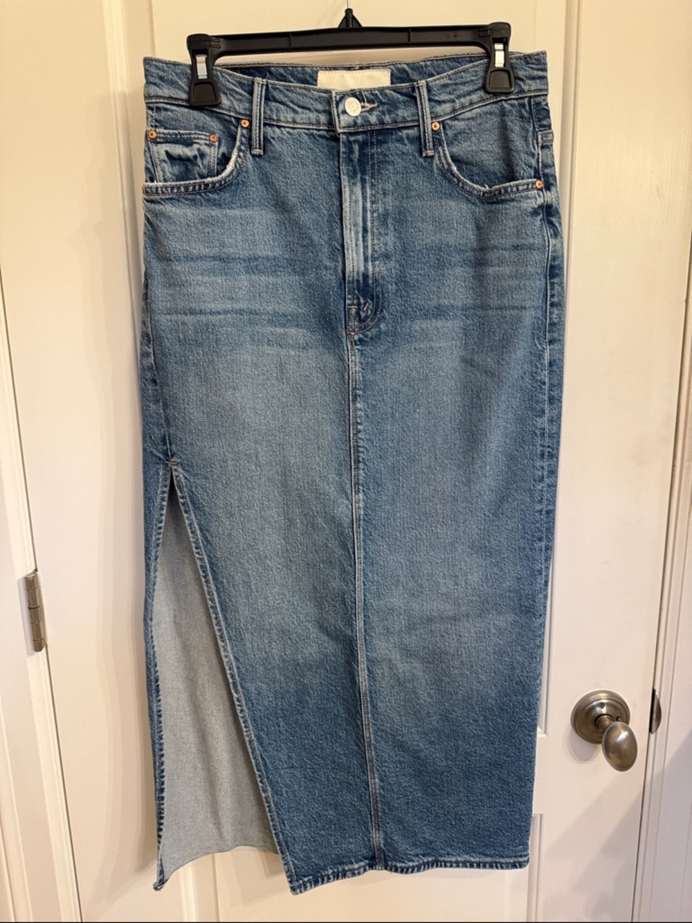 Mother High-Waist Light Blue Denim Midi Skirt